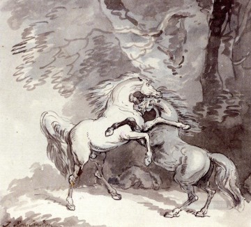 Chevaux se battre sur une caricature Woodland Path Thomas Rowlandson Peinture à l'huile